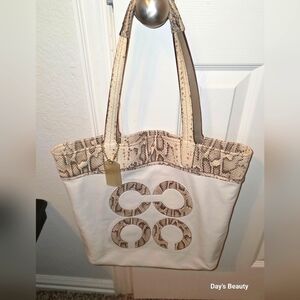 Coach White and Tan Snakeskin Style Tote Bag 16w x 15.5L x 2.5D